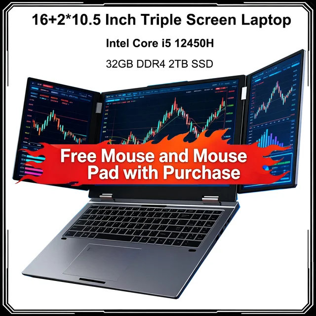 16+2*10.5 Inch Triple Screen Laptop Intel Core I5 12450H 32GB RAM 2TB Notebook Fingerprint/Face Recognition Unlocking Office PC