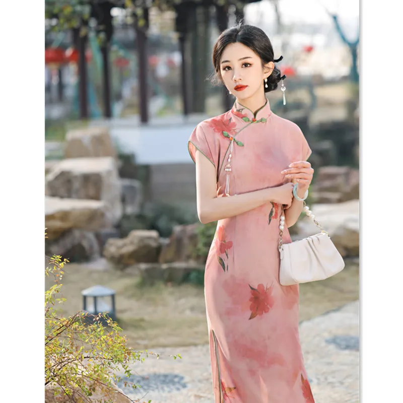 

Fashion Improvement Young Ladies Mesh Sleeve Qipao 2024 Summer Retro Chinese Style Pink Modern Cheongsam Evening Dresses