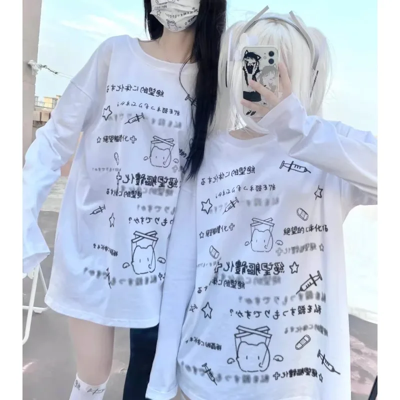 Y2k  women clothing arcane Long-sleeved T-shirt Spring Subculture Loose Harajuku 2024 Tops Cartoon Print Casual Simple Shirts