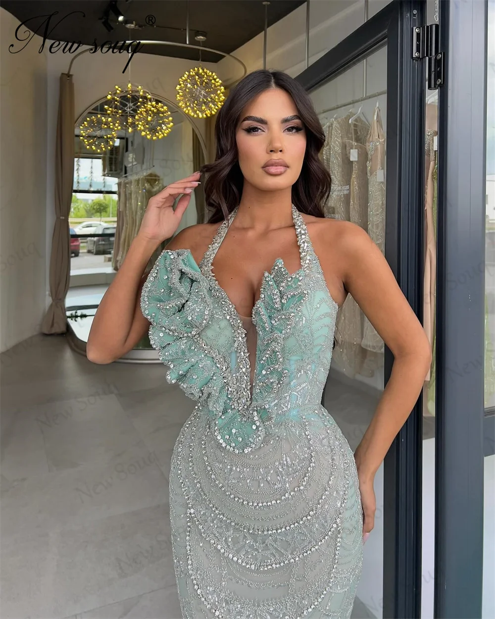 Vestidos de noite luxuosos com cristais Halter, vestido de baile da sereia, personalizado, vestidos de casamento, árabe, Dubai, 2024, verde