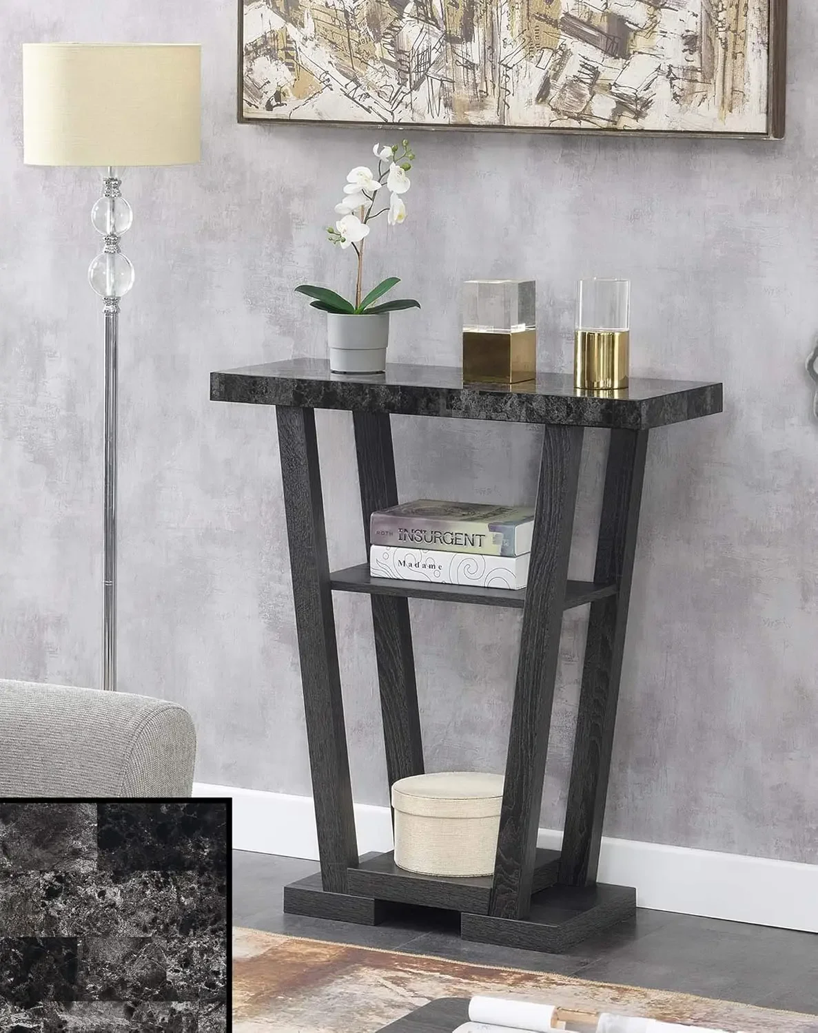 Newport V Console, Faux Black Marble/Weathered Gray