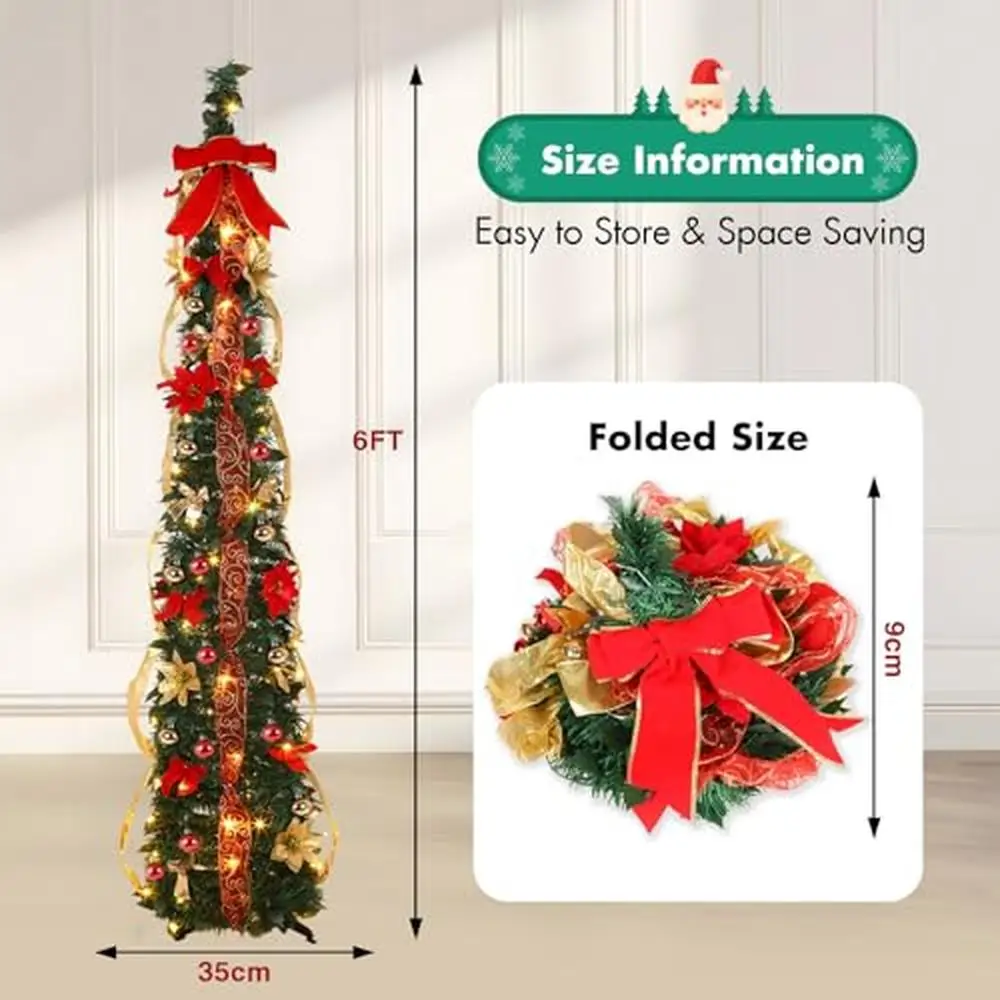 6ft Remote Control Prelit Pencil Christmas Tree with Red&Gold Decorations 100 LED Lights 16 Colors 8 Modes Timer Memory Easy