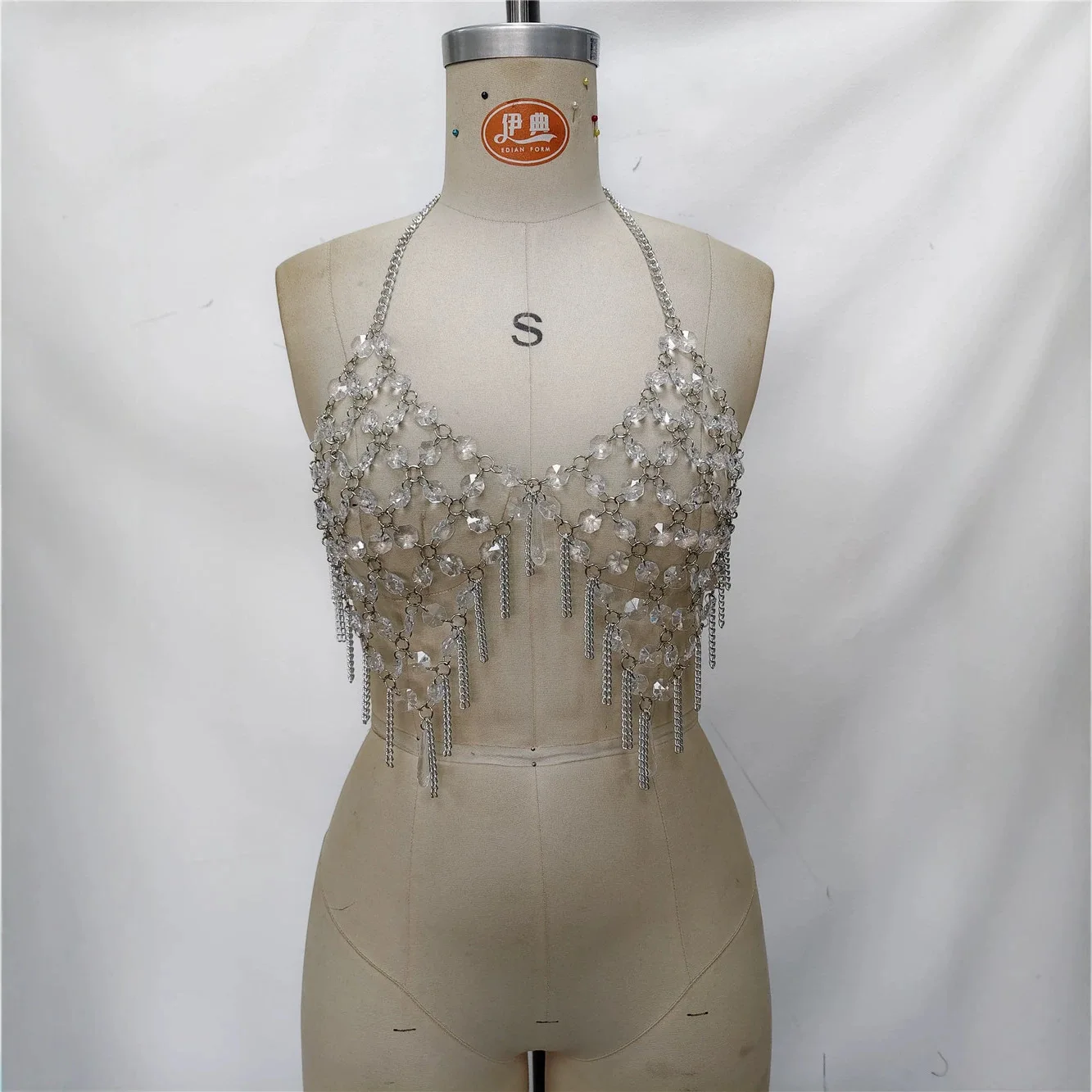 

European And American Heavy Industries Transparent Gem Tassel Halter Vest Hot Girl Metal Chain Hollow Out Corset Women's Wear