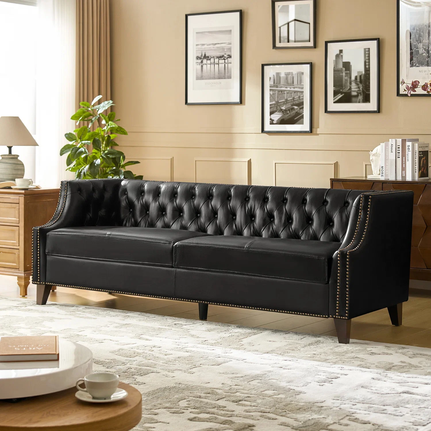 #American retro living room leather sofa French country three-person sofa simple classic buckle design hotel apartment