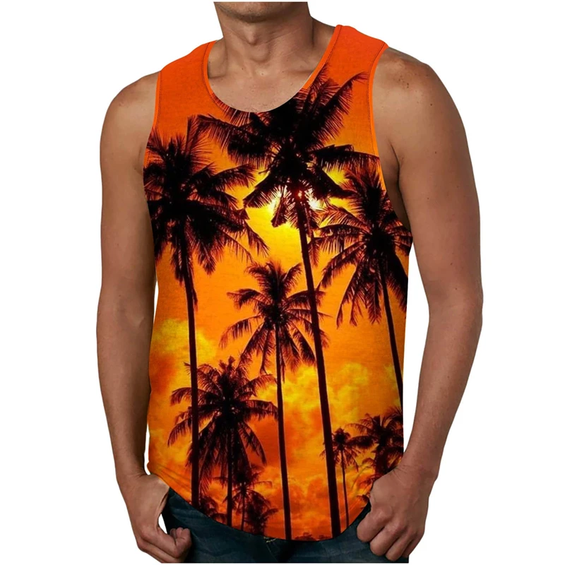 Palm Tree Graphic Tank Top For Men 3D Print Sleeveless Beach Hemp Palm Pattern Tops Paint Vest Hawaii Colorful Pigment T-shirt