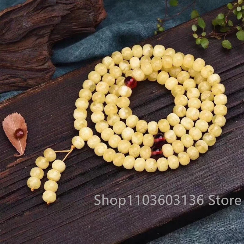 Old Beeswax 108 Beads Pendant Chicken Oil Yellow Amber Necklace Nectar Wax Pendant for Men and Women Gift Men Yellow Bangle