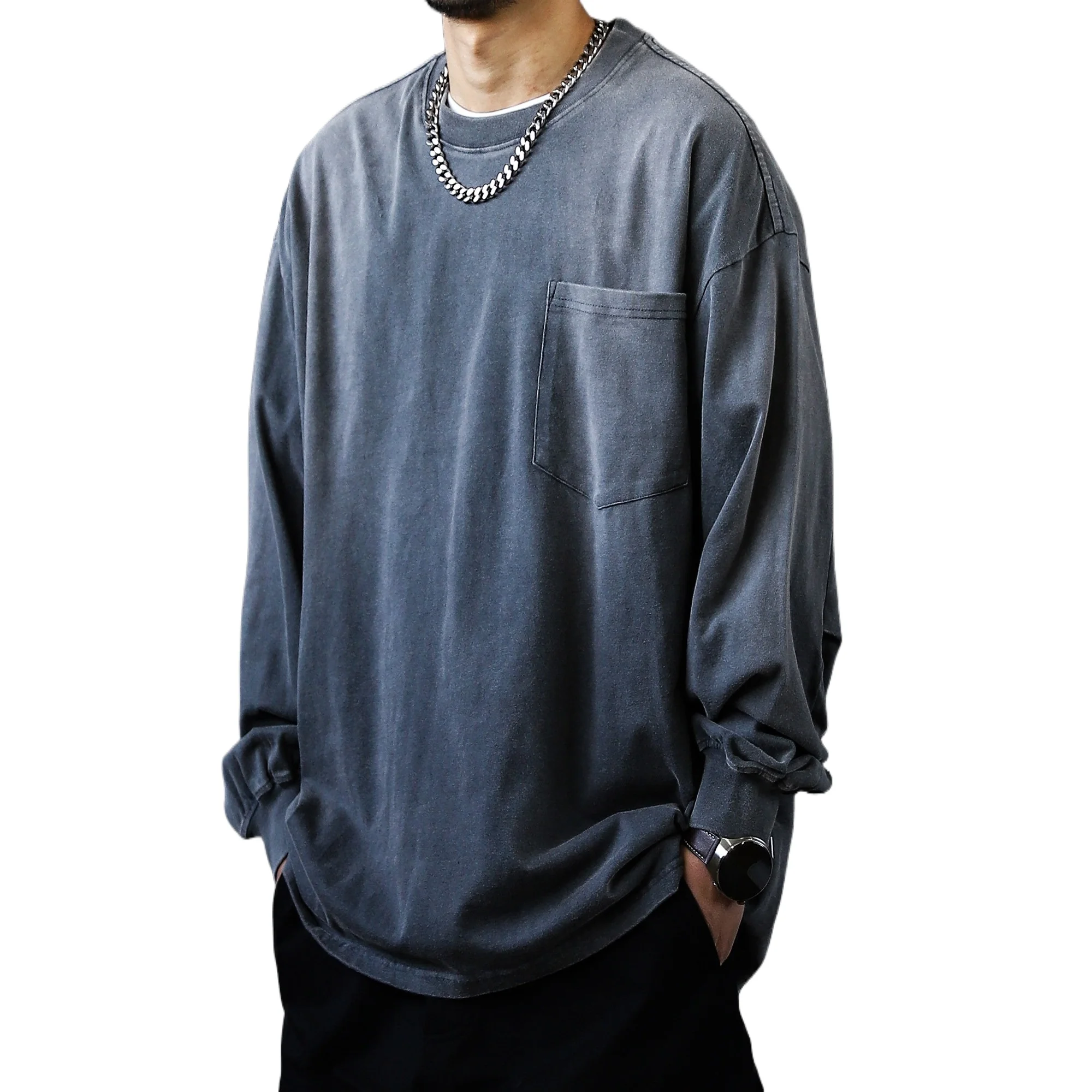 

Japanese Retro Washed Vintage Long Sleeved T-shirt for Men's Basic Style Pure Cotton Loose Round Neck Top Trendy