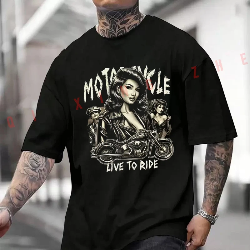 

Vintage Motorcycle Girl Moto Men's And Women's T-shirt Cotton Casual Short-sleeved O-neck Tshirt