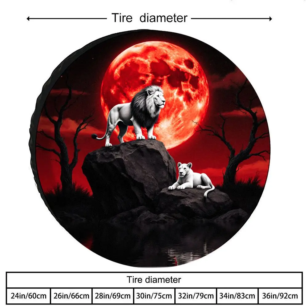 Blood Moon White Lion Theme Polyester Tire Cover | Creative Print Spare Tire Cover For RVs, SUVs, Trucks | Universal Fit, Dark A