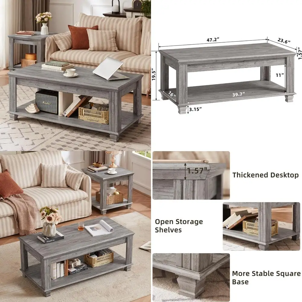 

Rustic Square Coffee Table with Open Shelf for Living Room