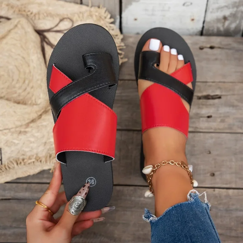 

Ladies Shoes 2025 Open Toe Women's Slippers Outdoor Casual Slippers Women Mixed Color Round Toe Flat with Plus Size Thong Sandal