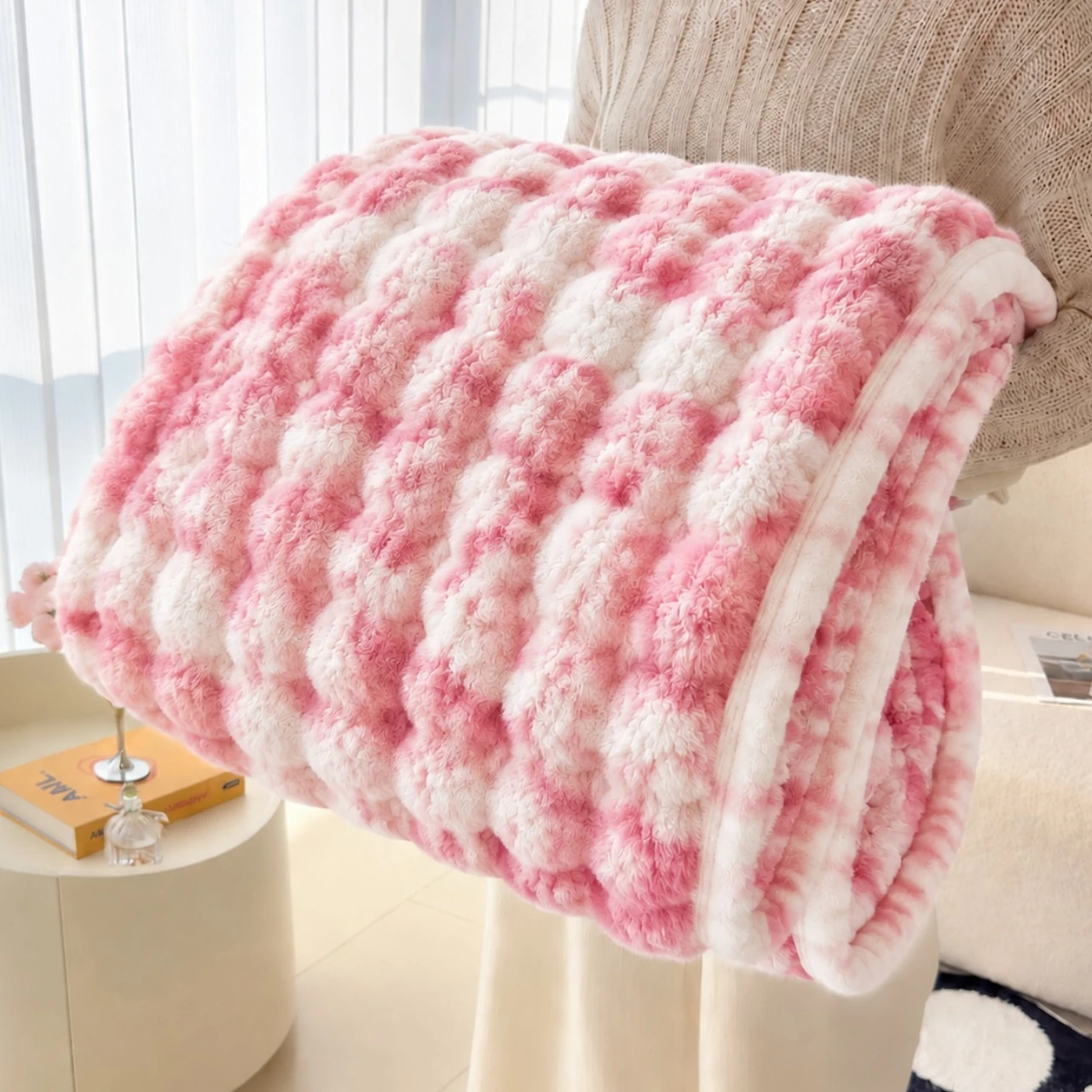 Fashion Tie Dye Bubble Plush Blanket Soft Artificial Rabbit Fur Throw Blanket for Sofa Bed Spring Autumn Warm Office Nap Blanket