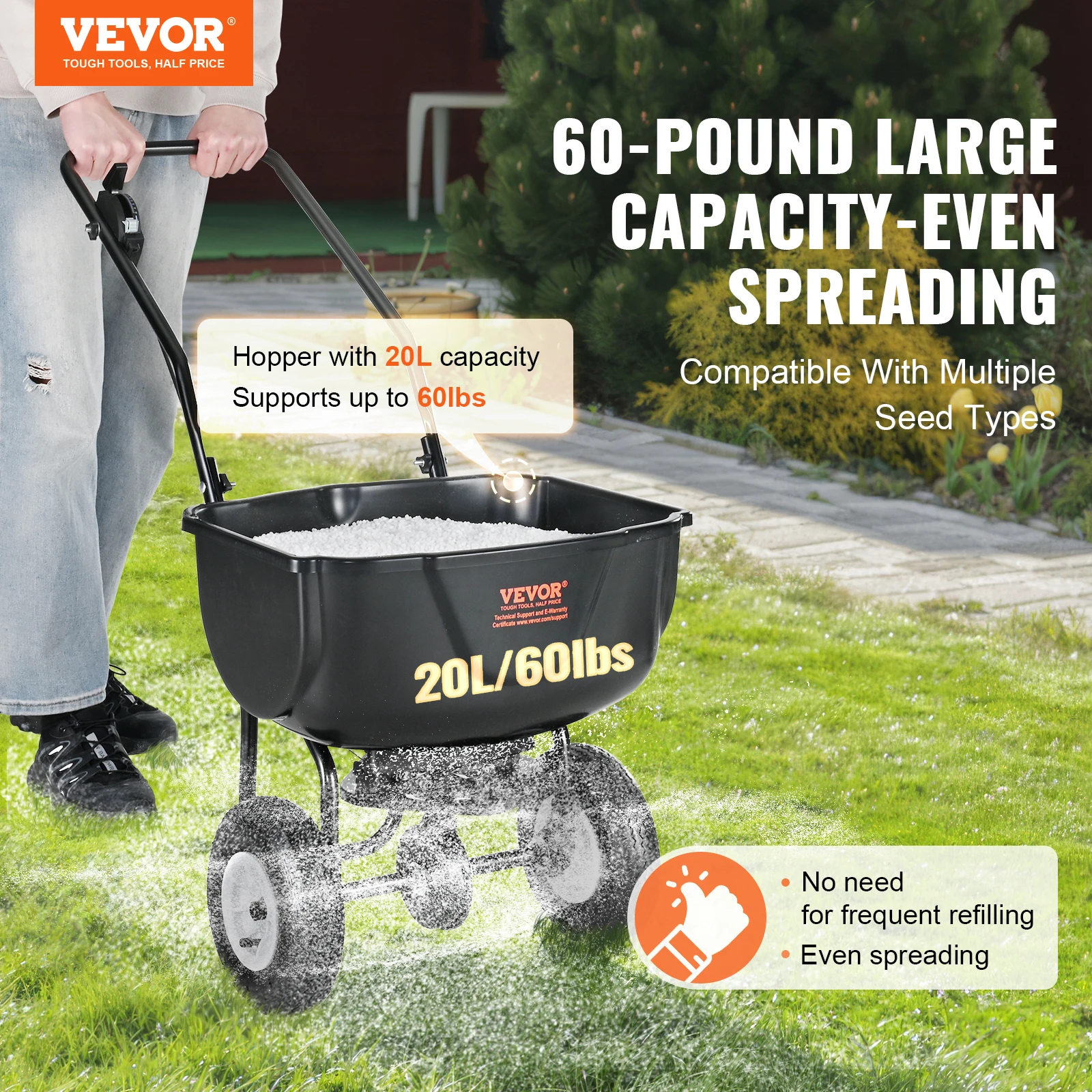 VEVOR Broadcast Spreader 60lbs Walk-Behind Turf Spreader w/8