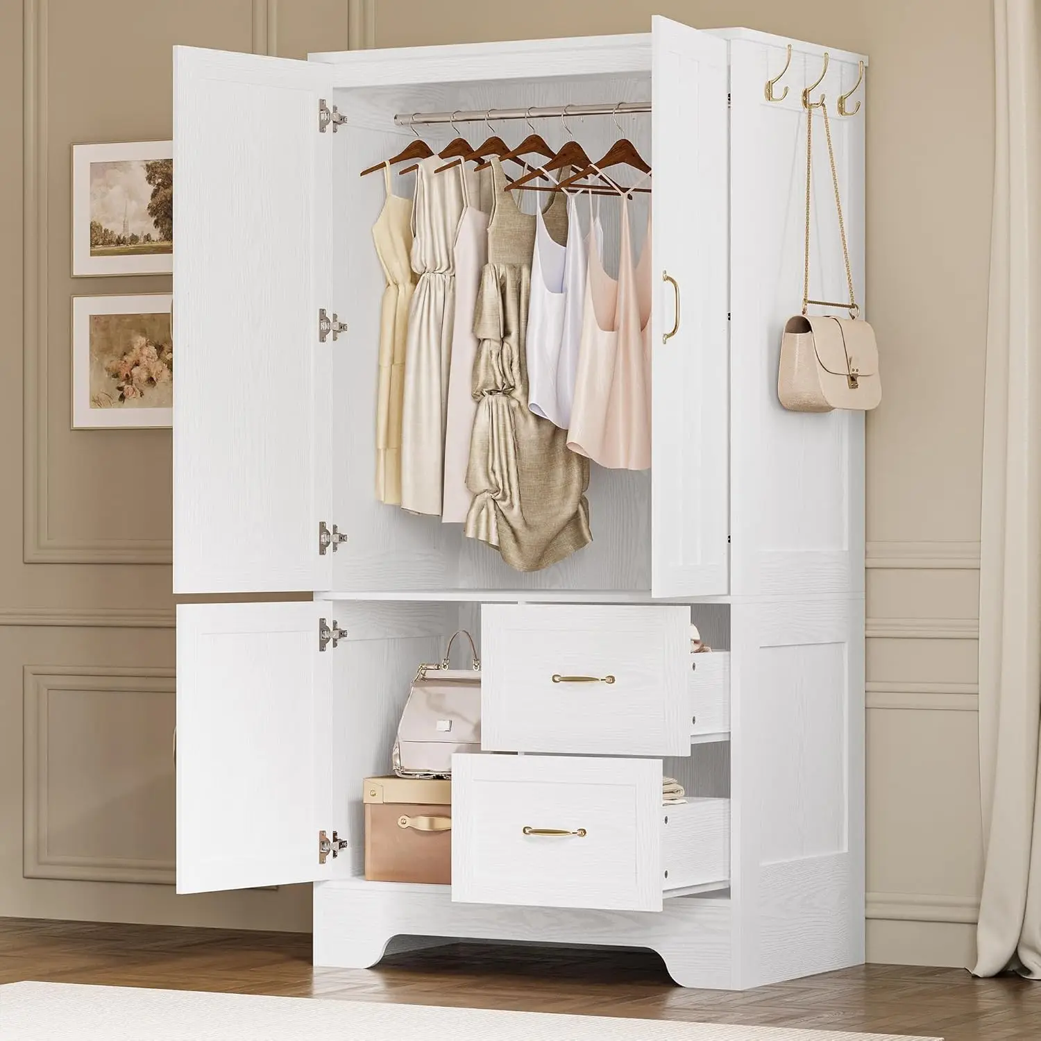 Wardrobe Closet with Mirror and Doors and Drawers and Shelves, Wooden Armoire Storage Cabinet with Hanging Rod for Bedroom