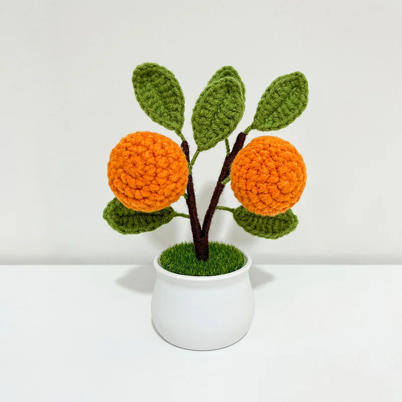 Hand-knitted Orange strawberry Flower Crochet Flowers Potted Plants Homemade Finished Crochet Flower Decorative Flower Pot Decor