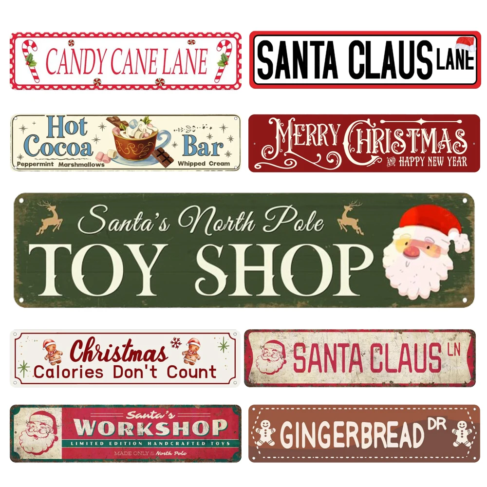 Vintage Merry Christmas Road Signs, 4x16 Inches Metal Tin Sign, Retro Santa Claus Street Sign, Hot Chocolate, Room Decor, WY298