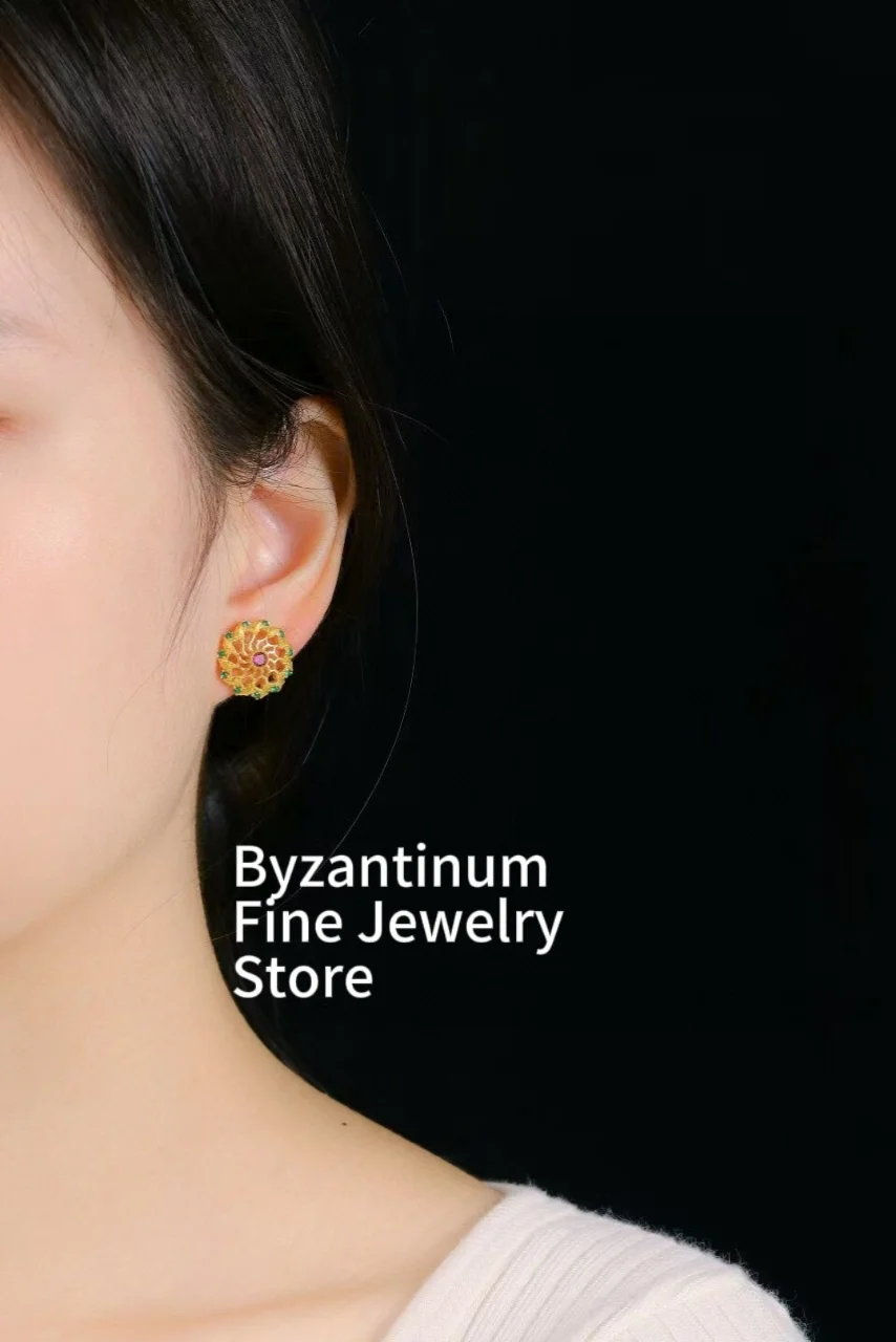 

Genuine Bucci Craft Vintage 925 Silver Hollow Ear Stud 18K Gold Filled Ruby Lace Floral Earrings Women Anti-rust Daily Jewelry