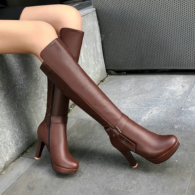 Nude Brown Color Mature Elegant Woman Shoes Winter High Heels Round Toe Platform Knee High Slim Boots Buckle Belt Designer Boot