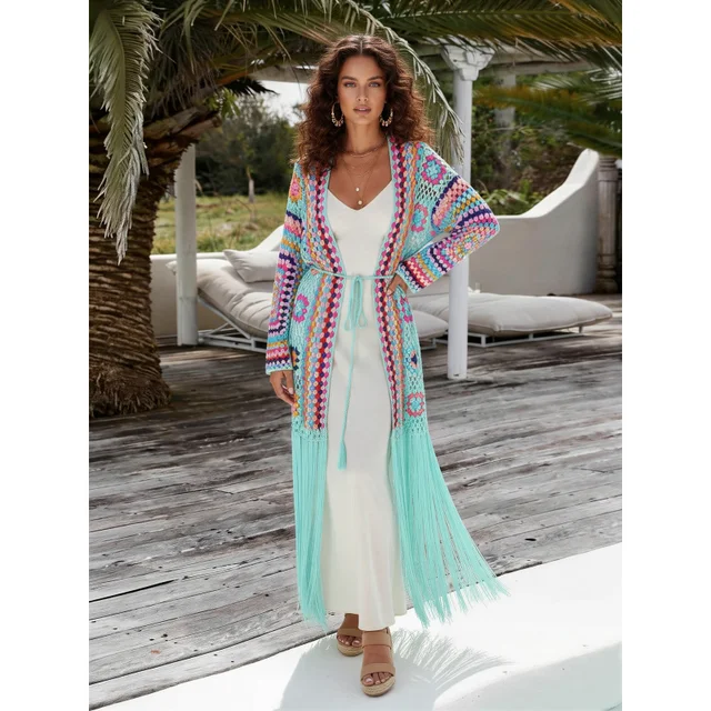 Cárdigan largo de ganchillo con patchwork de colores para mujer, con borlas en el bajo, cintura con lazo, frente abierto, estilo bohemio, kimono de playa.