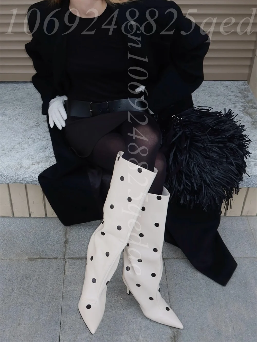 

Beige Polka Dot Slouchy Knee High Boots for Women Pointed Toe Stiletto Heel Leather Tall Boots for Trendy Party & Street Style