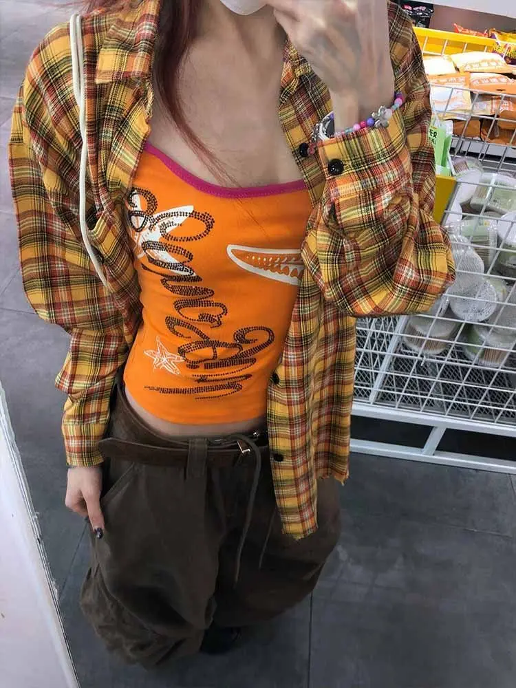 HOUZHOU Y2k Harajuku T Shirts Women Vintage Spicy Girl Orange Crop Tops American Retro 2000s Slim Short Sleeve Graphic T-Shirt - view 5