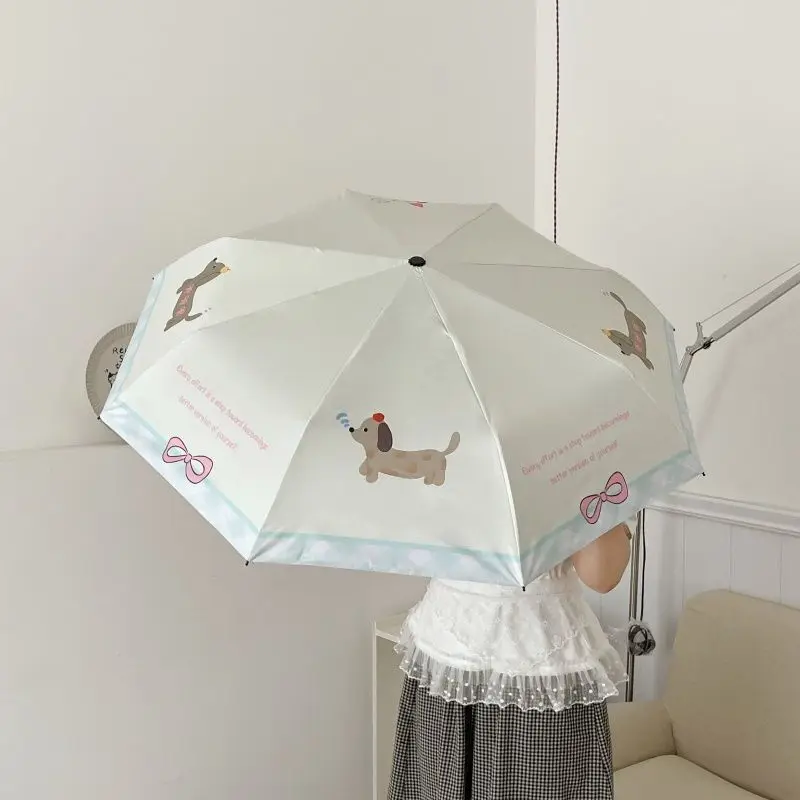 UPF 50+ Auto Compact Umbrella, Apple Dachshund Print - Heavy Black Lining Sun Parasol, 8 Reinforced Ribs 3-Fold Portable