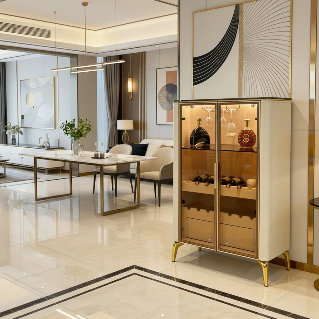 Contemporary Wooden Panel Buffet Cabinet With Integrated Wine Rack Glass Display Corner Storage For Dining Room
