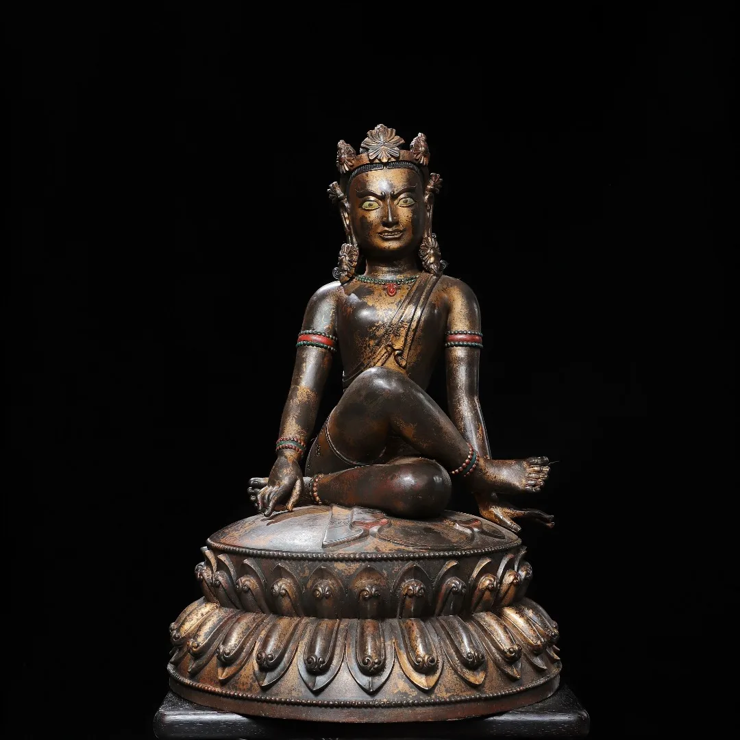 Old Bronze Gilded Cinnabar Free Mother Sitting Buddha Cross legged Tara Buddha Lotus Buddha Terrace Amitabha Worship Hall