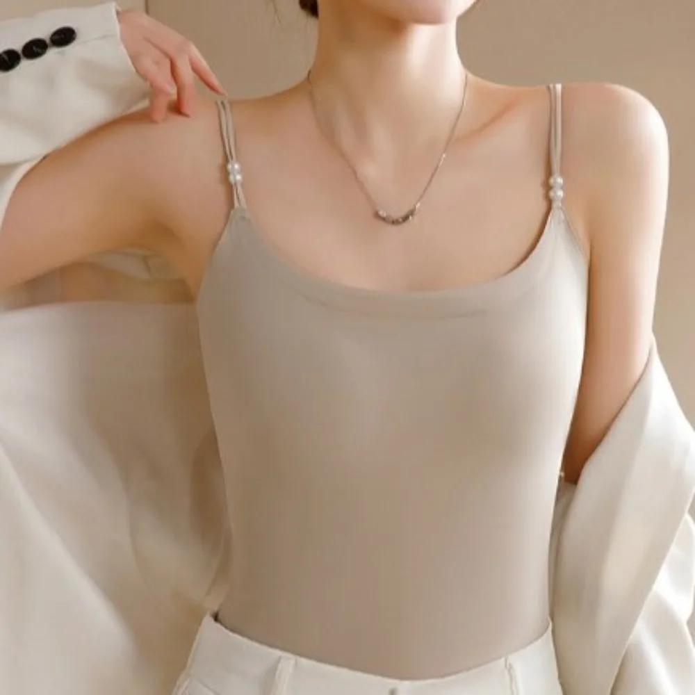 With Chest Cushion Ice Silk Camisole Pearl Shoulder Strap Non Trace Ice Silk Corset Slim Fit Tanks Suspender Vest Ladies