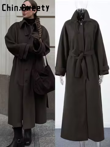 Elegant Brown Lapel Long Woolen Coats Women Stand Collar Hidden Single Breast Lace Up Coat 2025 Autumn Winter Lady Thick Jackets