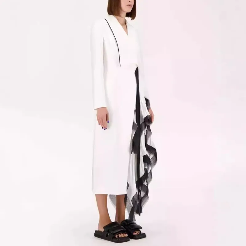 HKSH 秋の新女性トレンディなロングドレスニッチデザイン非対称プリーツフリルパッチワークブレザーエレガントでスタイリッシュなドレス HK10050