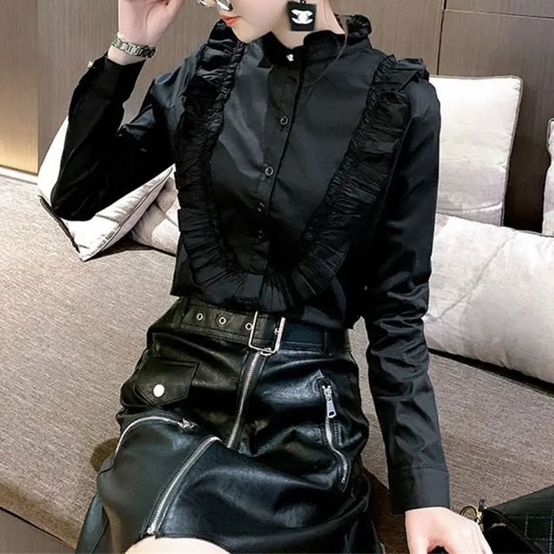 Female Commute Solid Color All-match Shirring Shirt Elegant Ruffles Spliced Spring Autumn Stand Collar Single-breasted Blouse