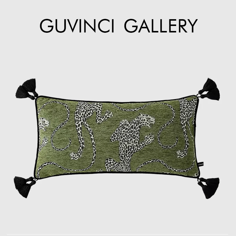 GUVINCI Wild Luxury Leopard Jacquard Lumbar Pillowcase 30x60cm Retro Green Designer Oblong Cushion Cover Elevate Your Home Decor