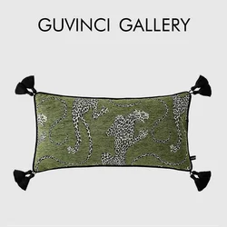 GUVINCI Wild Luxury Leopard Jacquard Lumbar Pillowcase 30x60cm Retro Green Designer Oblong Cushion Cover Elevate Your Home Decor