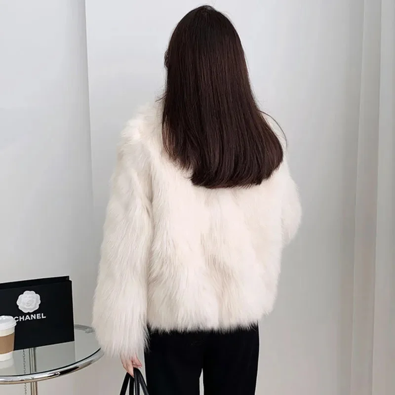 2023 Autumn and Winter New Imitation Fox Fur Coat Small Fragrance Quality Korean Version Thickened Plush Warm Coat Solid Color