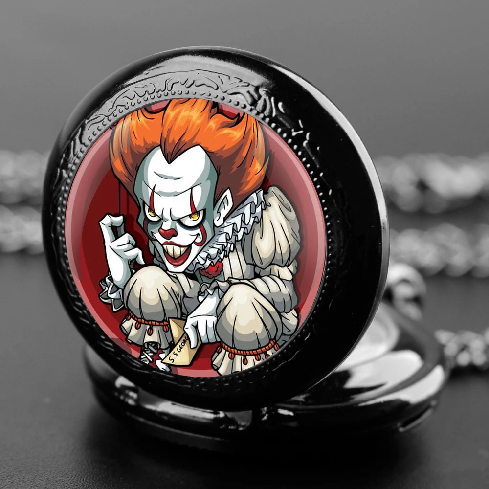 Joker Pennywise jam tangan saku kuarsa uniseks, Aksesori liontin kaca lucu dengan hadiah rantai untuk pria dan wanita