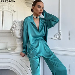 Loose Casual Solid Satin Trousers Set Women Long Sleeve Top Pants Homewear Suit Lady Loose Casual Summer Shirts 2 Piece Sets