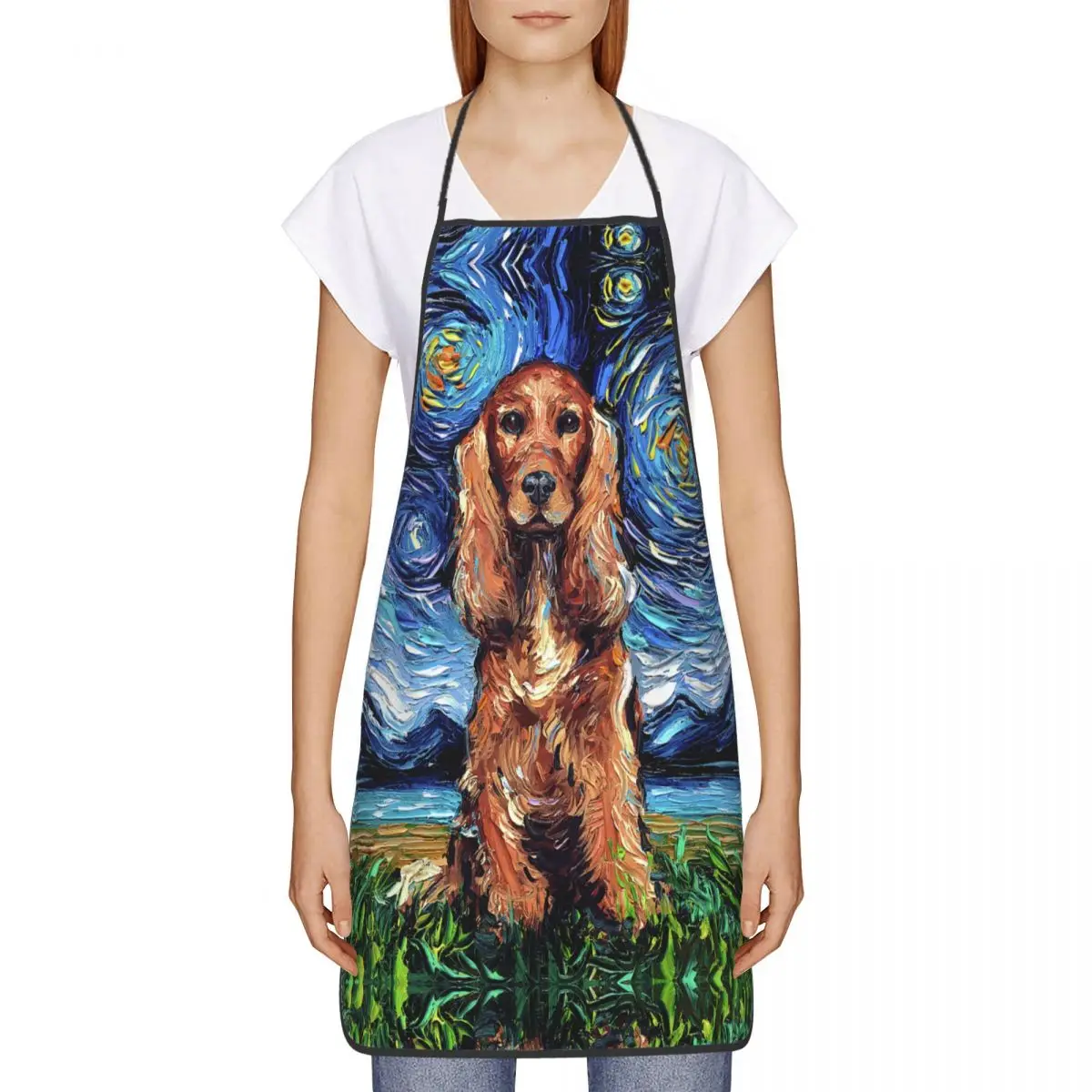 Unisex Red Cocker Spaniel Starry Night Kitchen Chef Cooking Baking Apron Men Women Pet Dog Lover Tablier Cuisine for Painting