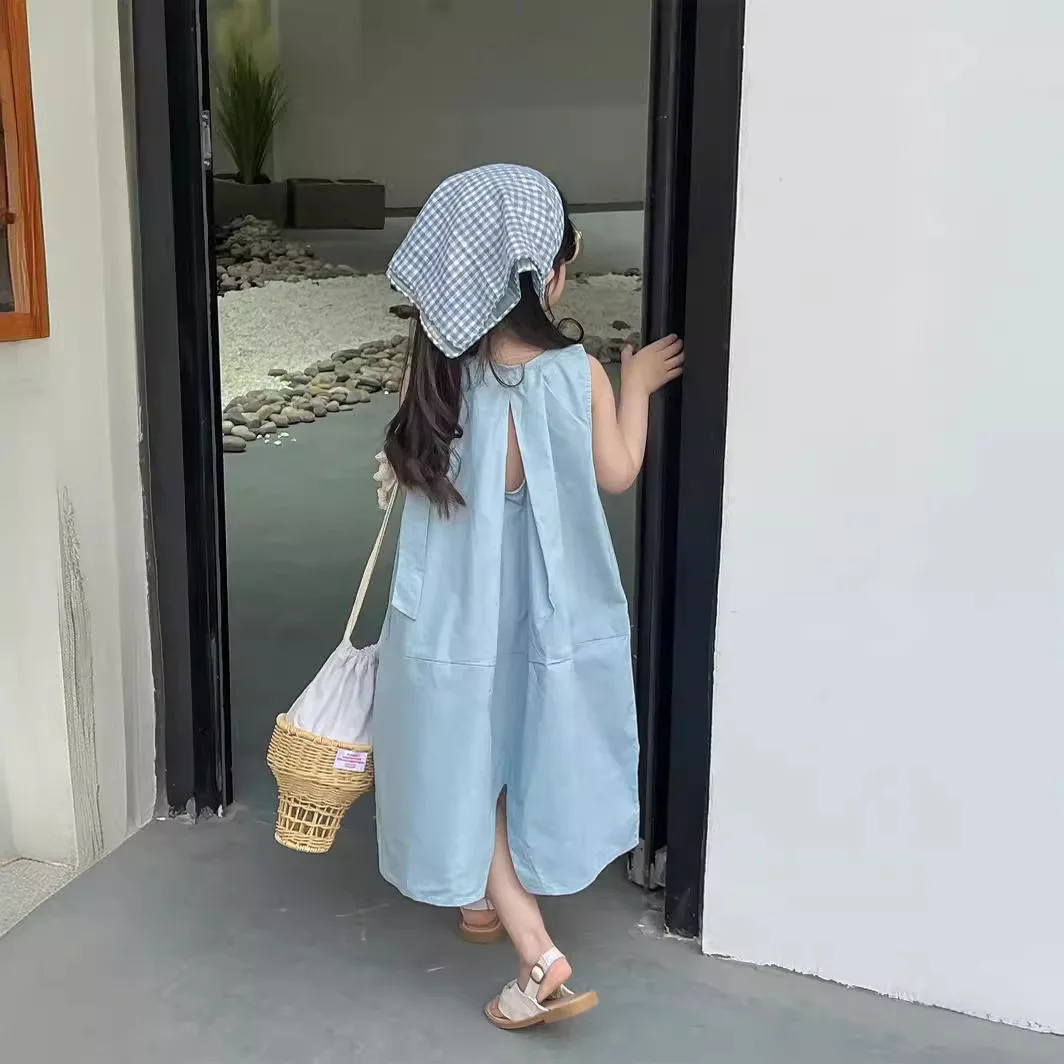 Children Dress 2024 Summer Korean Style Girl Halter Careful Shoulder Bow Simple Crease Temperament Sundress Summer Skirt