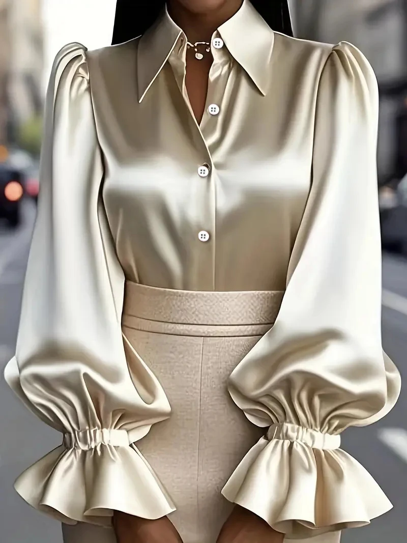 

Elegant Satin Lapel Button-Up Blouse – Puff Sleeve with Ruffled Cuff Detail for Women – Office Wear & Formal Occasions