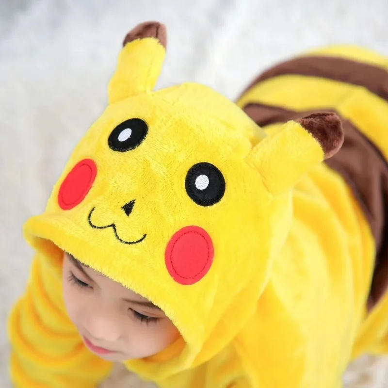 New Anime Pikachu Plush Flannel Pajamas Cartoon Pokemon Costume Suit Long Sleeved Winter Soft Warm Home Clothes Children Gift