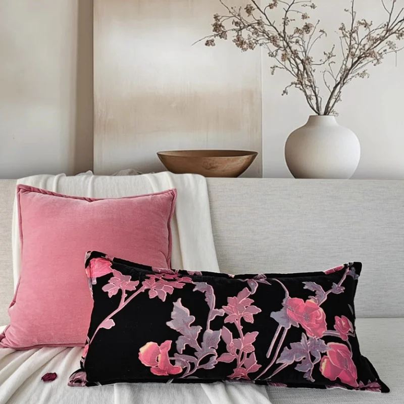 

Французские черные бархатные подушки, чехол для подушки с цветком, розовая декоративная наволочка для дивана, стула, украшения для дома