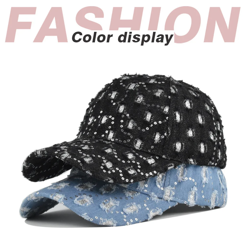 

New Washed Sequin Denim Baseball Distressed Duckbill Cap Couple Sun Hat Embroidered Sequins