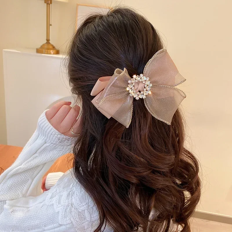 Diamond-encrusted Flower Organza Bow Hair Clip Fashion Temperament Spring Clip Exaggerated Hair Accessories