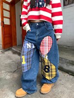 Women's Colorful Plaid Patchwork Design Wide Leg Blue Jeans Unisex Style Denim Pants Female High Waist Street Casual Trousers