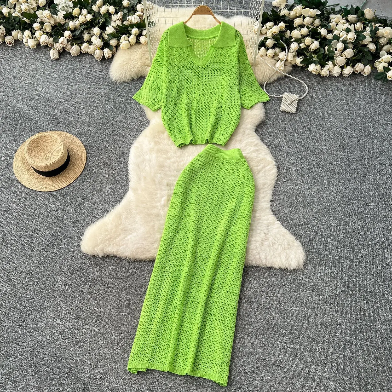 

Summer Women's Gentle Wind Versatile Foreign Style Hollow Crochet Knitted Top High Waist Hip Skirt Korean Two-piece Set