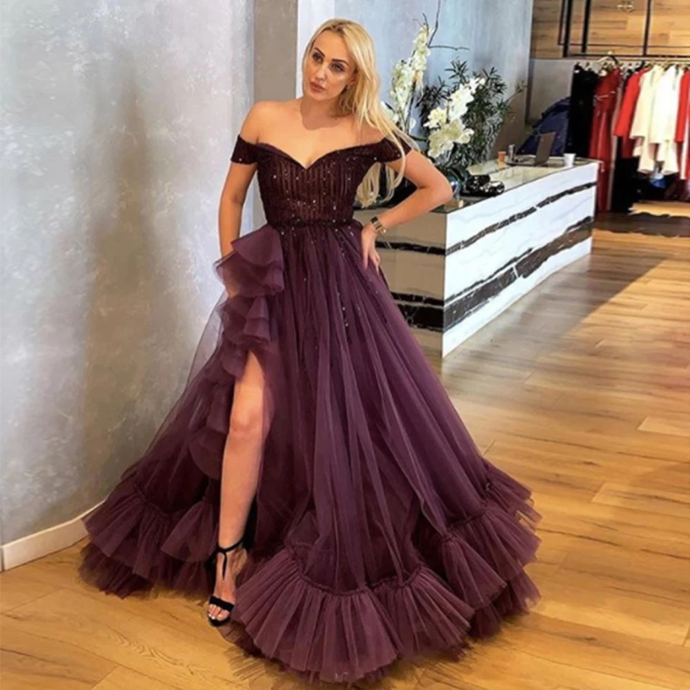 

Angelsbridep Elegant Off The Shoulder Ball Gowns Prom Dresses Beaded Tulle Tiered Ruffles Party Dresses Special Evening Gowns