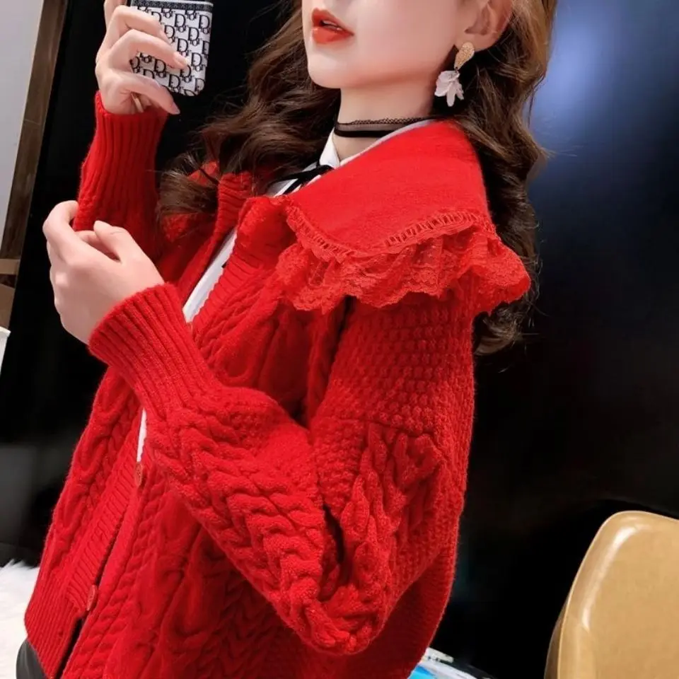 Spring Korean Version Quality Sweet Splicing Ruffled  Peter Pan Collar Lace Knitted Cardigan Sweater Jacket Coat U609