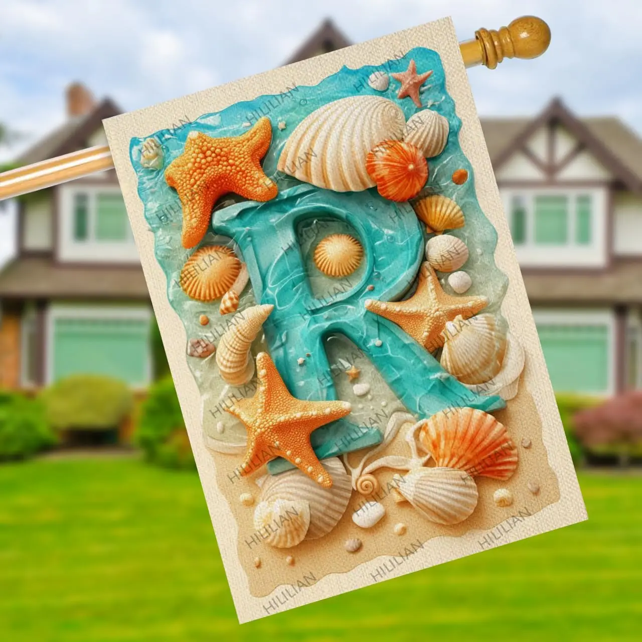 Summer Monogram Letter R Garden Flag Large Pebbles Shells Conch Starfish 28x40 Inch (559L) ZZM