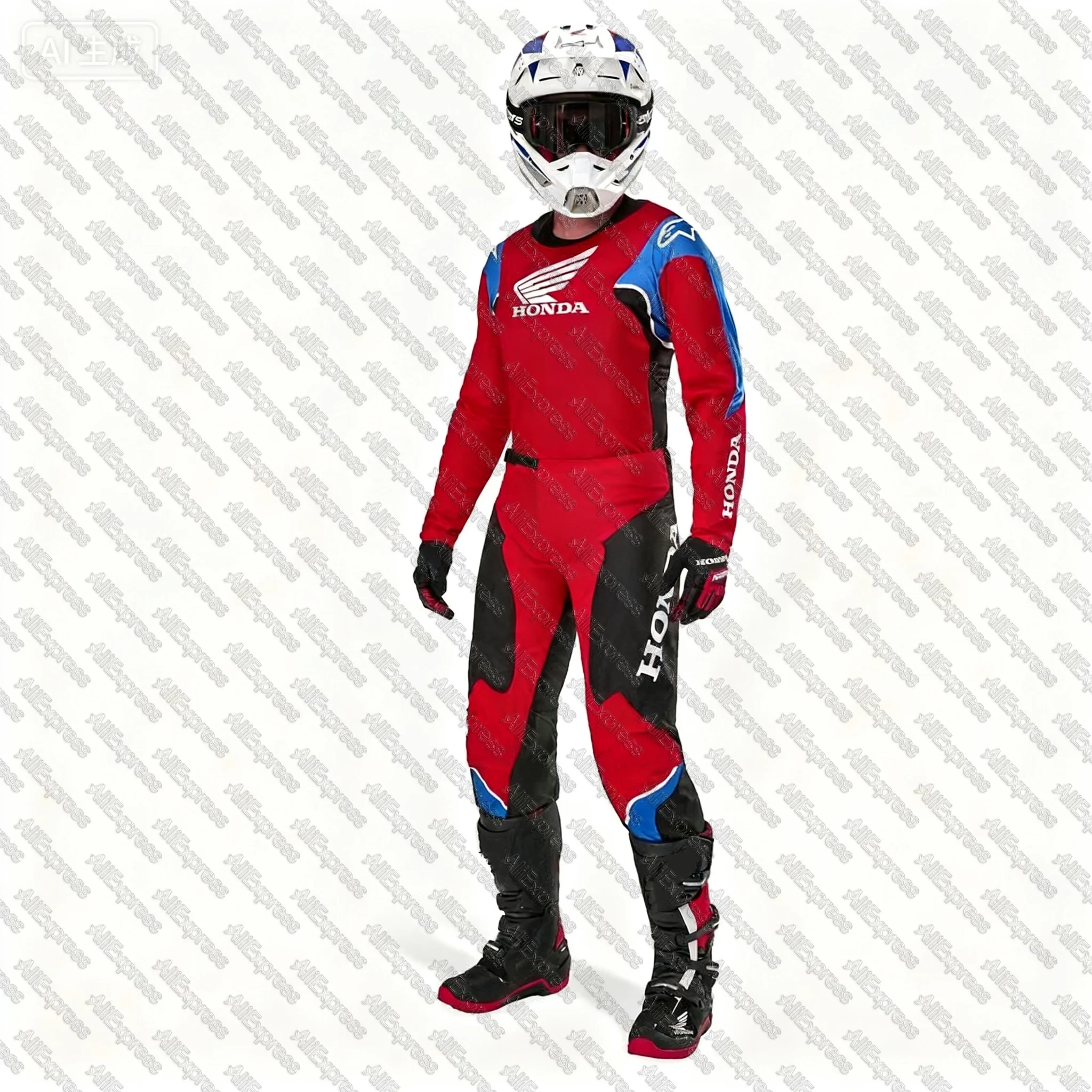 RACER ICONIC Motocross Kit Bright Red Black Long Sleeve Motorcycle Tee Breathable Quick-Drying Super Racing Jersey for Men